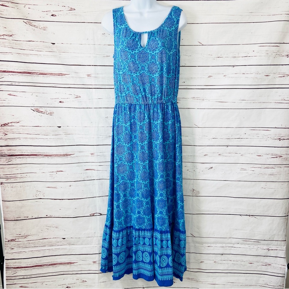 Talbots Maxi Dress Women’s Medium Blue Floral Ruffle Hem Elastic Waistband‎